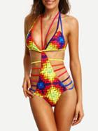 Romwe Colorful Grid Print Halter Strappy One-piece Swimwear