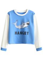 Romwe Blue Printed Contrast Sleeve Sweatshirt