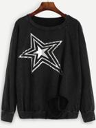 Romwe Black Star Print Raglan Sleeve Ripped Sweatshirt
