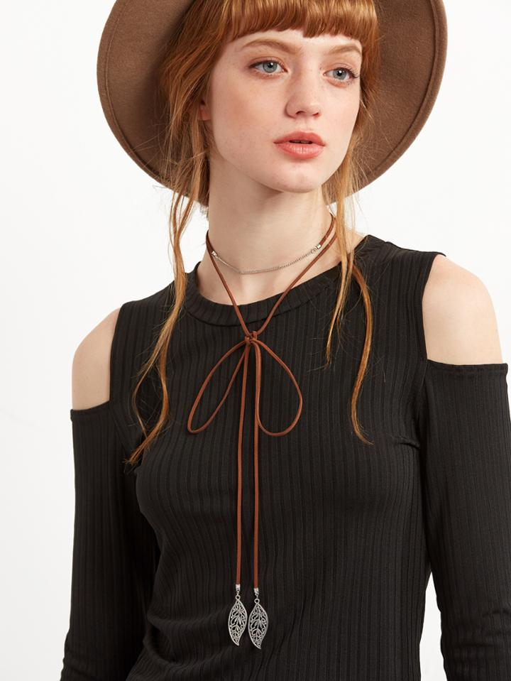 Romwe Brown Layered Leaf Pendant Wrap Choker Necklace
