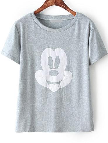 Romwe Round Neck Mickey Print Grey T-shirt
