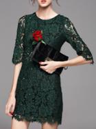 Romwe Green Crew Neck Beading Lace Dress
