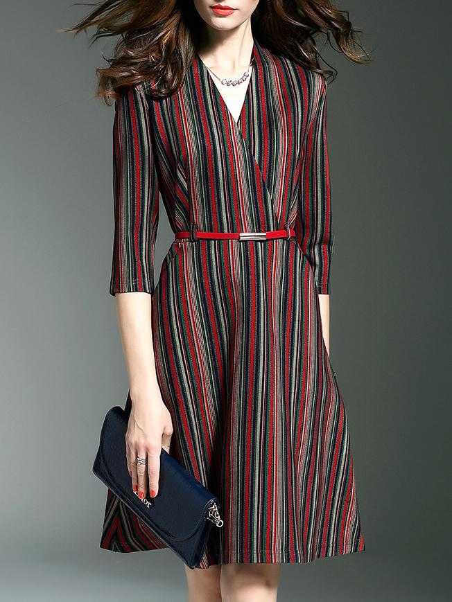 Romwe Multicolor Color Block V Neck Belted A-line Dress