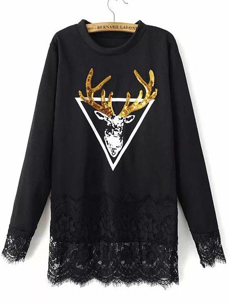 Romwe Deer Sequined Lace Black Dress
