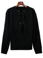 Romwe Black Ribbed Cuff Wide Hem Lace Up Sweater