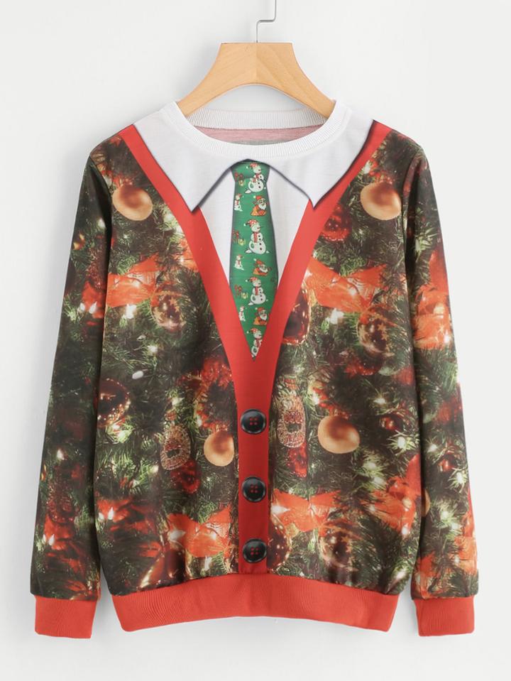 Romwe Round Neck Tie Print Sweatshirt