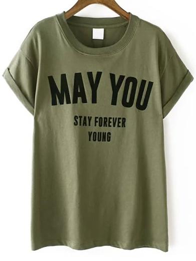 Romwe Letter Print Cuffed Green T-shirt