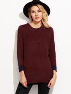 Romwe Burgundy Contrast Cuff Split Side High Low Sweater