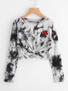 Romwe Rose Embroidered Patch Water Color Twist Sweatshirt