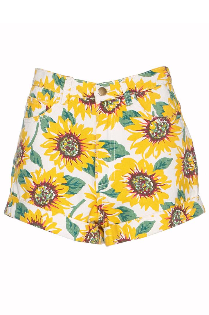 Romwe Romwe Sunflower Print High-waist Denim Shorts