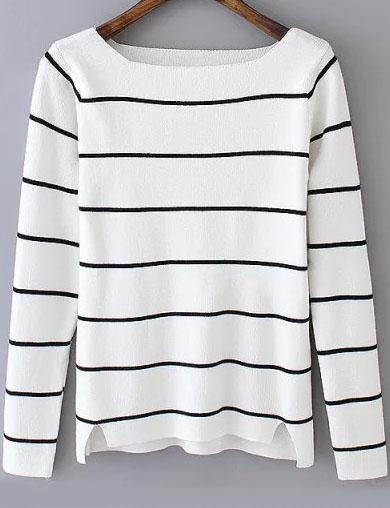 Romwe Square Neck Striped White Sweater