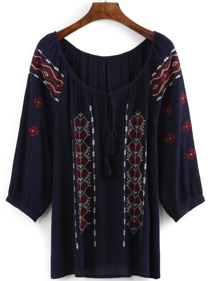 Romwe Round Neck High Low Embroidered Blouse