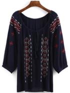 Romwe Round Neck High Low Embroidered Blouse