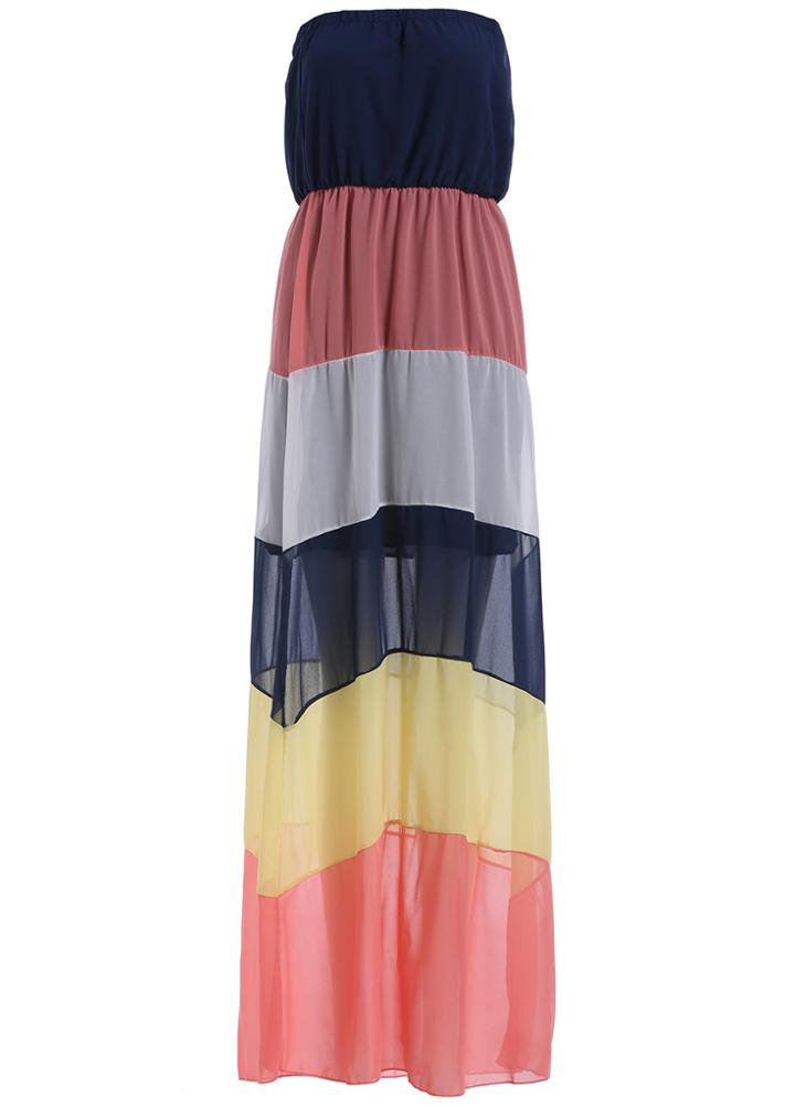 Romwe Strapless Color-block Striped Chiffon Maxi Dress