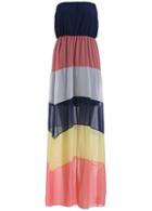 Romwe Strapless Color-block Striped Chiffon Maxi Dress