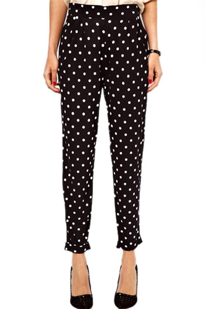 Romwe Dots Print Pocketed Black Harem Pants
