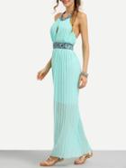 Romwe Tribal Tape Embellished Pleated Halter Dress - Mint Green