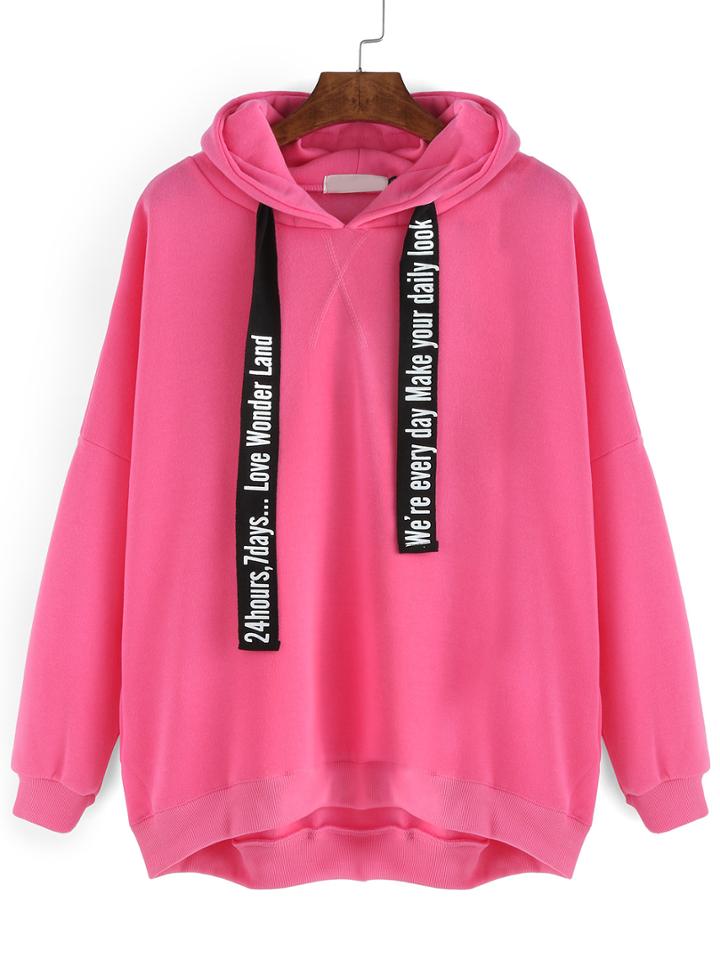 Romwe Hooded Letter Print High Low Pink Sweatshirt