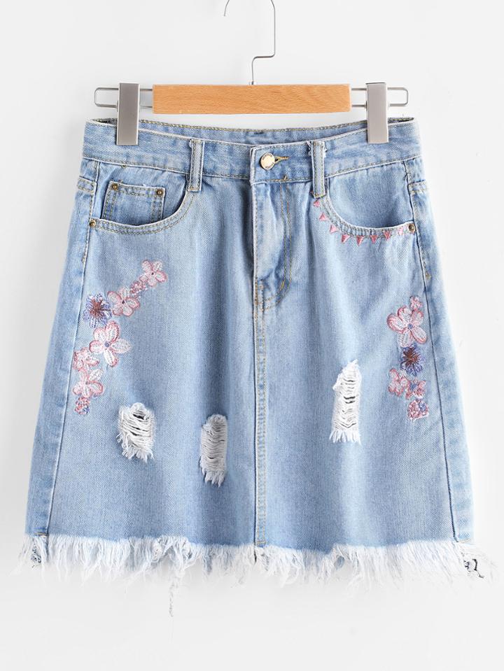 Romwe Embroidered Ripped Fray Hem A Line Skirt