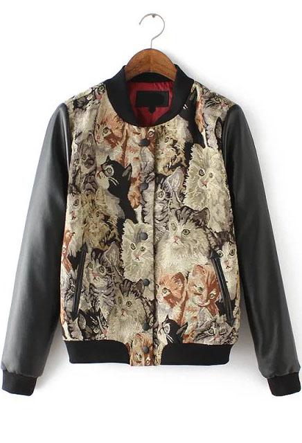 Romwe With Buttons Cat Print Jacket