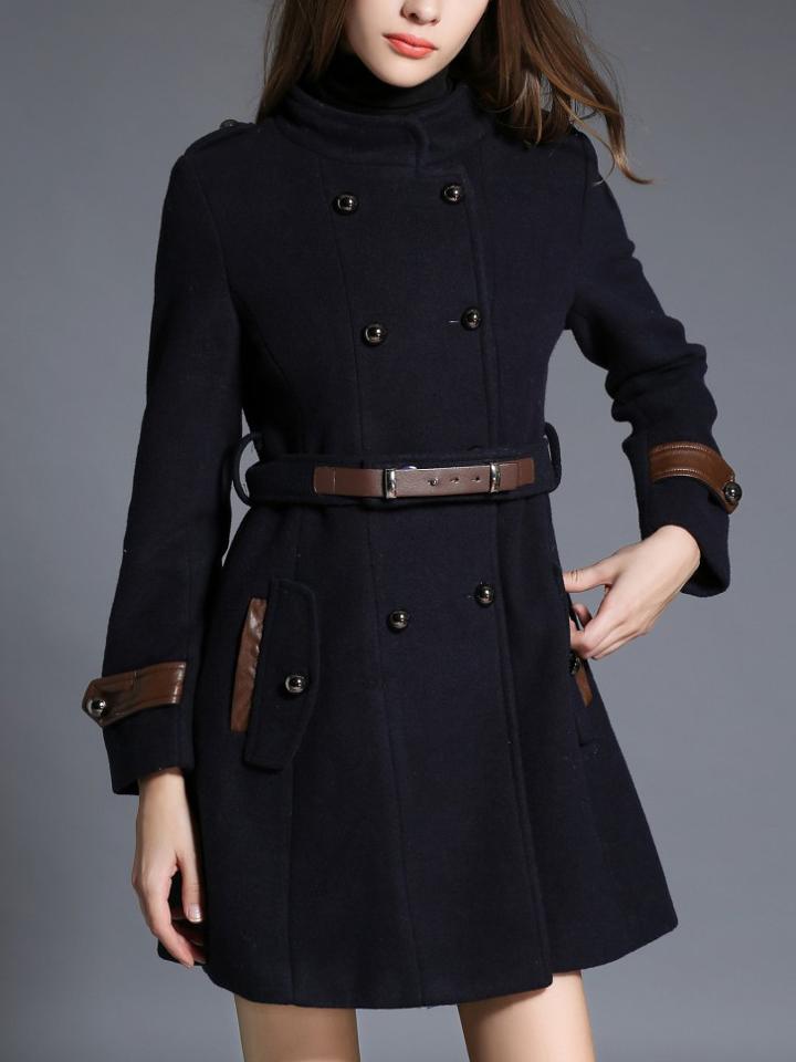 Romwe Navy Double Breasted Pu Leather Decorated Coat