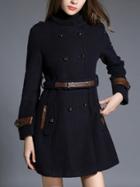 Romwe Navy Double Breasted Pu Leather Decorated Coat
