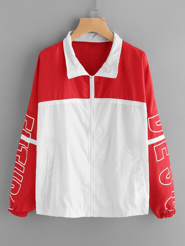 Romwe Color Block Letter Print Zip Up Jacket