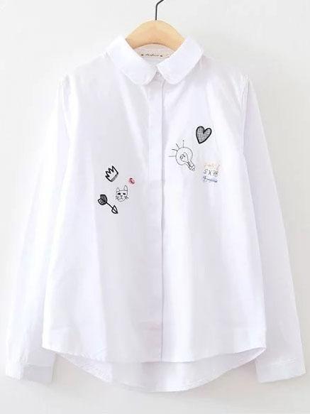 Romwe White Cartoon Embroidery Curved Hem Blouse