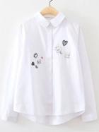 Romwe White Cartoon Embroidery Curved Hem Blouse