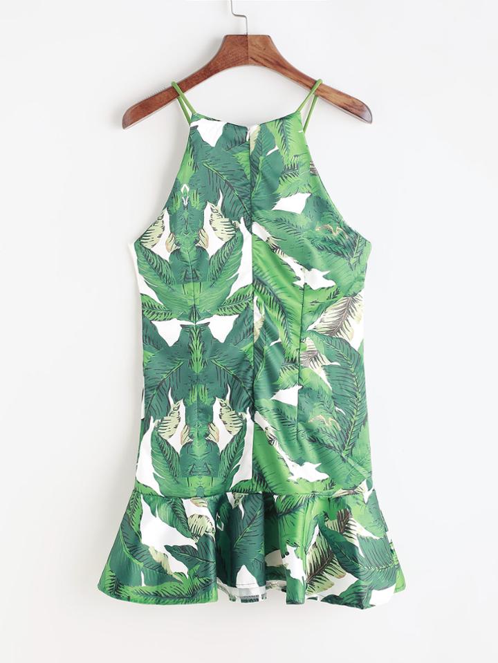 Romwe Halter Neck Leaf Print Frill Hem Dress