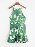 Romwe Halter Neck Leaf Print Frill Hem Dress
