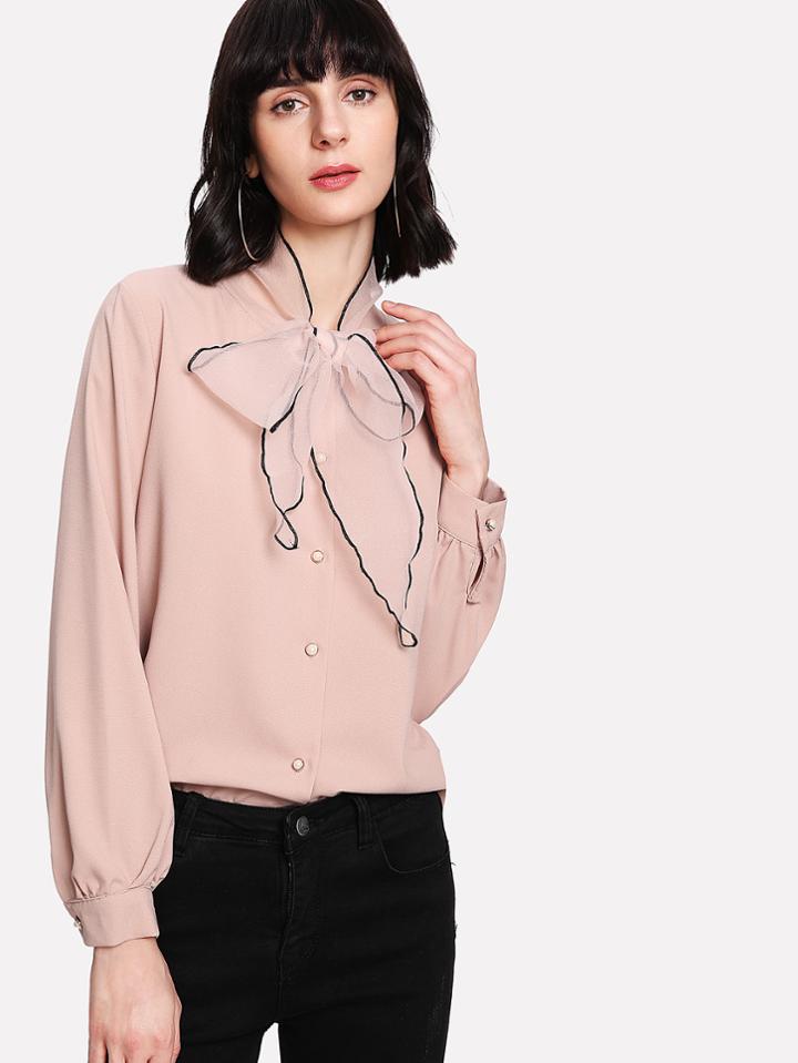 Romwe Mesh Panel Tie Neck Blouse