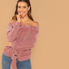 Romwe Knot Hem Ribbed Velvet Bardot Sweatshirt