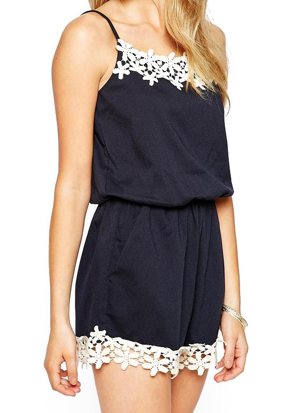 Romwe Spaghetti Strap Applique Hollow Jumpsuit