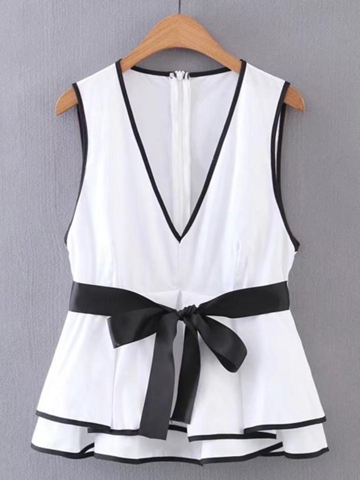 Romwe Contrast Binding Tie Waist Layered Top