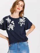 Romwe Flower Embroidered Flutter Sleeve Tee