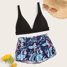 Romwe Triangle Top With Tropical Shorts 2 Piece Swim