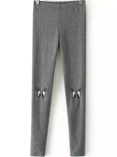 Romwe Eyes Embroidered Slim Grey Leggings