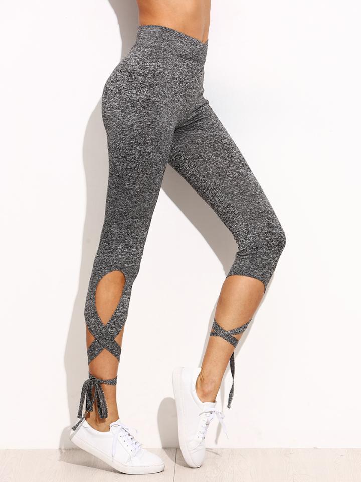 Romwe Light Grey High Waist Criss Cross Tie Leggings