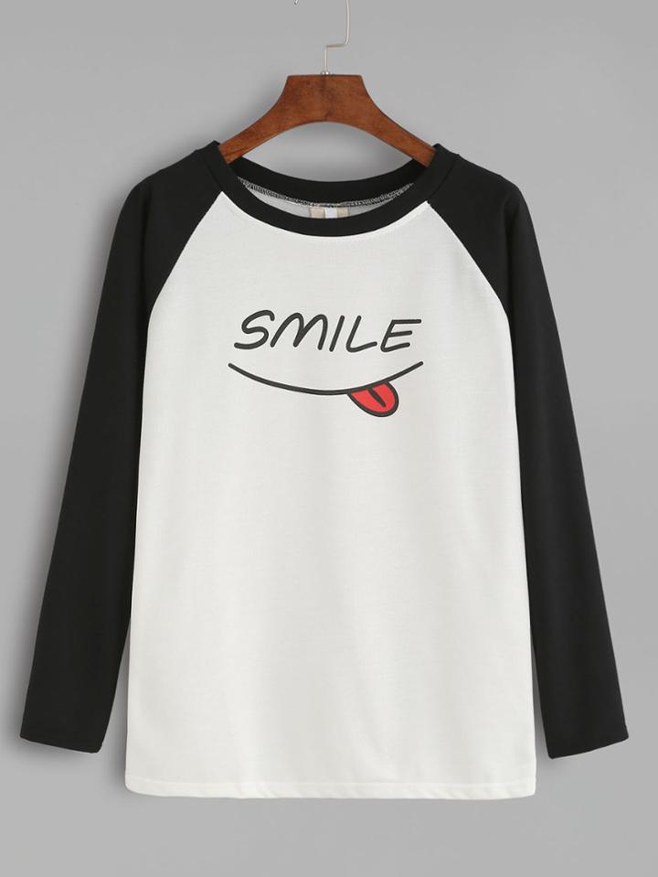 Romwe Contrast Smile Print Raglan Sleeve T-shirt