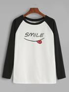 Romwe Contrast Smile Print Raglan Sleeve T-shirt
