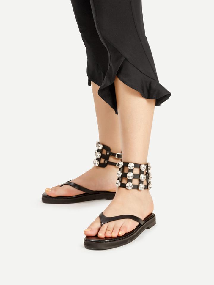 Romwe Rhinestone Decorated Cut Out Flat Sandals