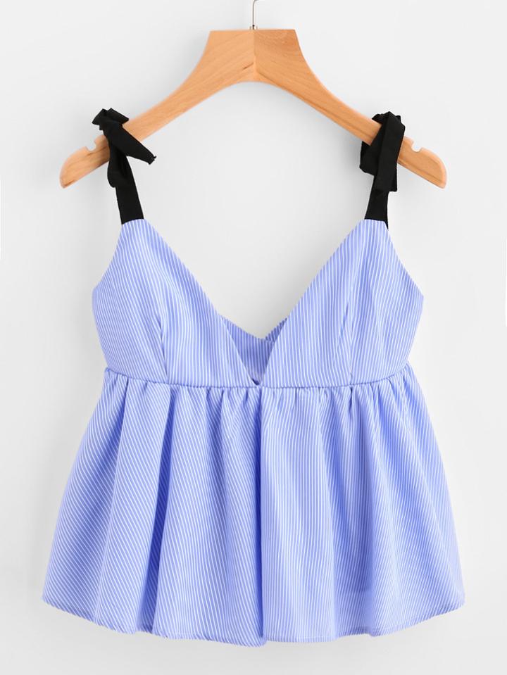 Romwe Pinstripe Tie Detail Peplum Cami Top