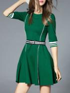 Romwe Green Striped Belted A-line Dress