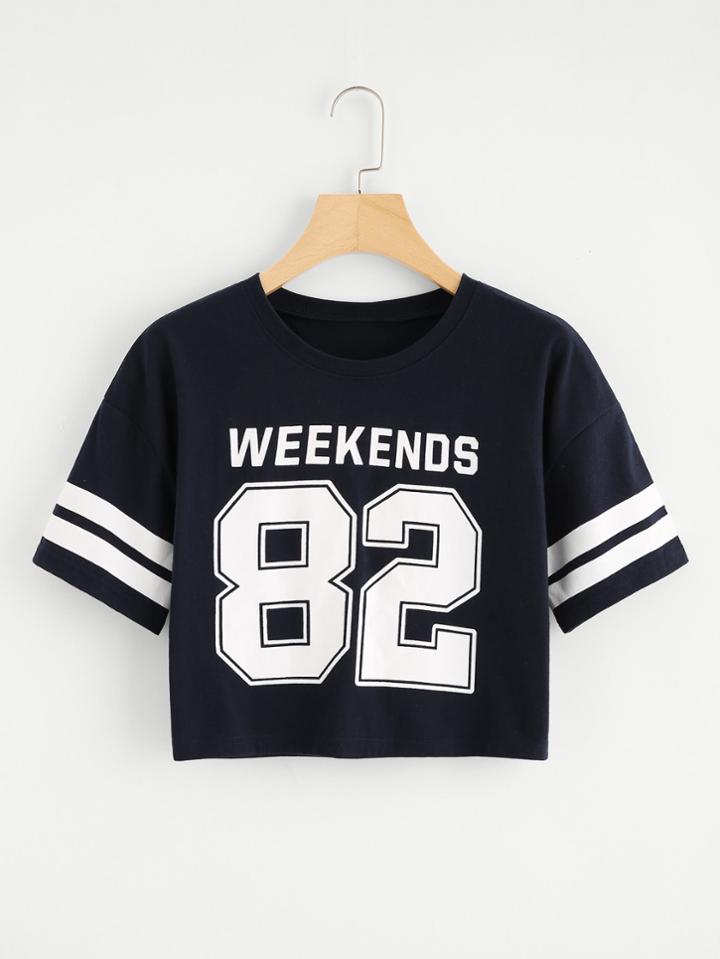 Romwe Number Print Varsity Striped Crop Tee