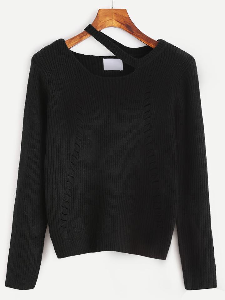 Romwe Black Cut Out Neck Hollow Sweater