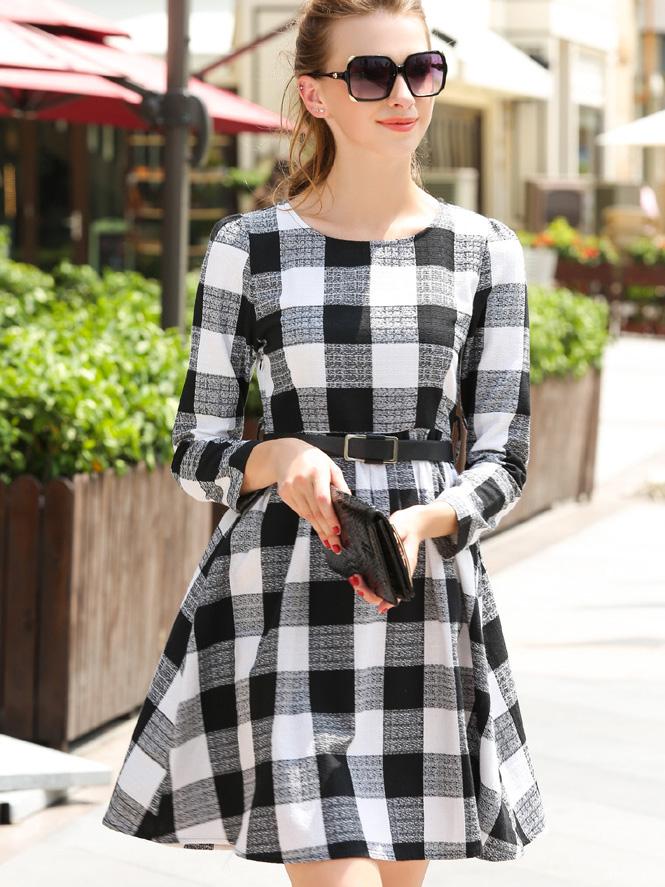 Romwe Plaid Belt A-line Dress