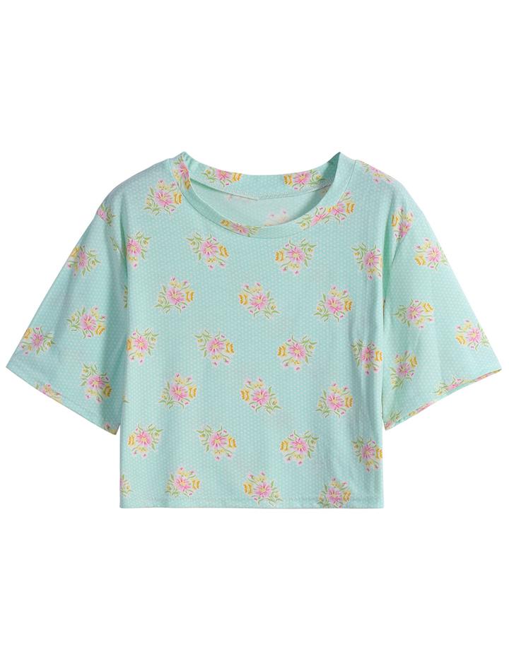 Romwe Floral Polka Dot Crop Green T-shirt