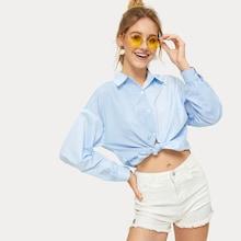 Romwe Striped Panel Knot Hem Single Breasted Blouse