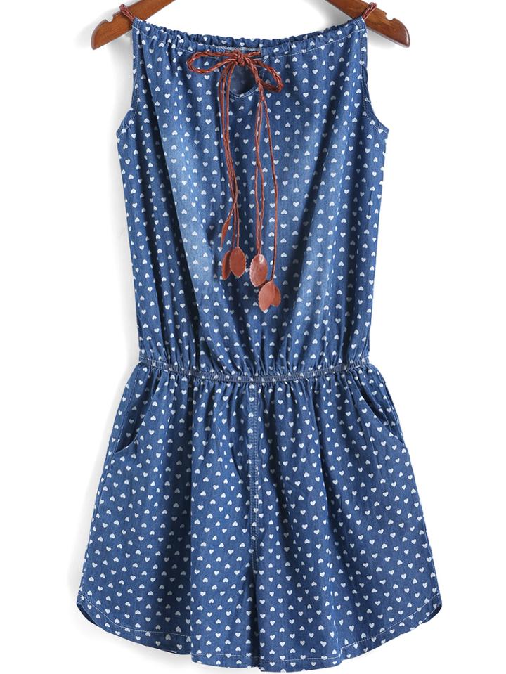 Romwe Blue Spaghetti Strap Hearts Print Denim Jumpsuit